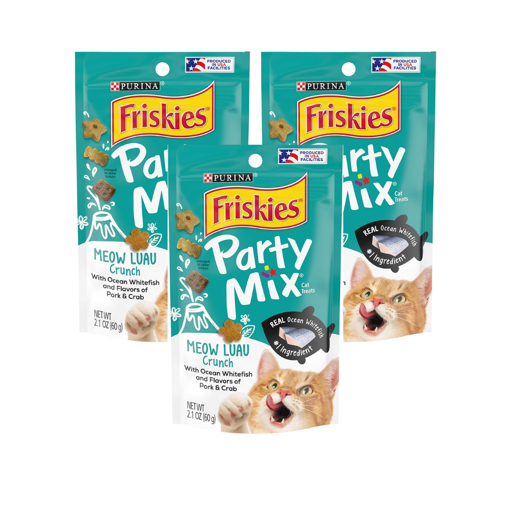 Purina Friskies Party Mix Cat Treats, Meow Luau Crunch with Ocean Whitefish \u0026 Flavors of Pork \u0026 Crab, Cat Treats for Adult Cats, 2.1-Ounce Pouch (Pack of 3)